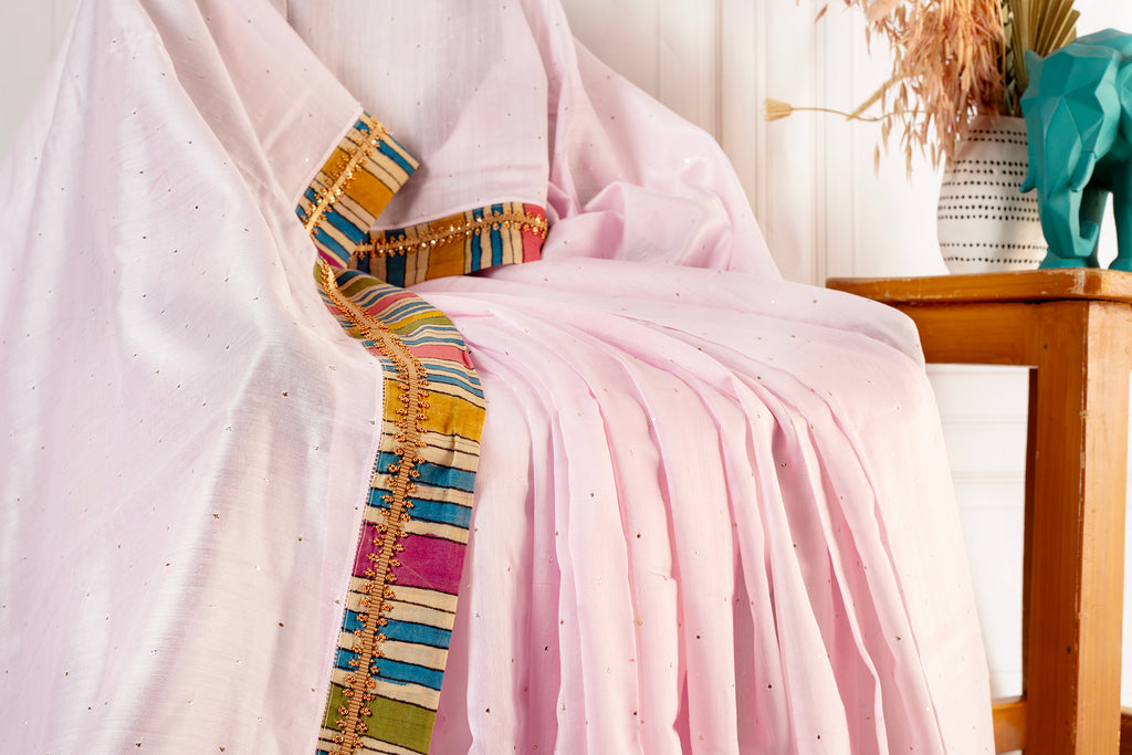 Customised Blush Pink Chanderi Cotton Saree with Pure Kalamkari Stripe Embroidered Border