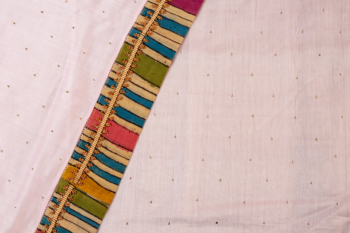 Customised Blush Pink Chanderi Cotton Saree with Pure Kalamkari Stripe Embroidered Border