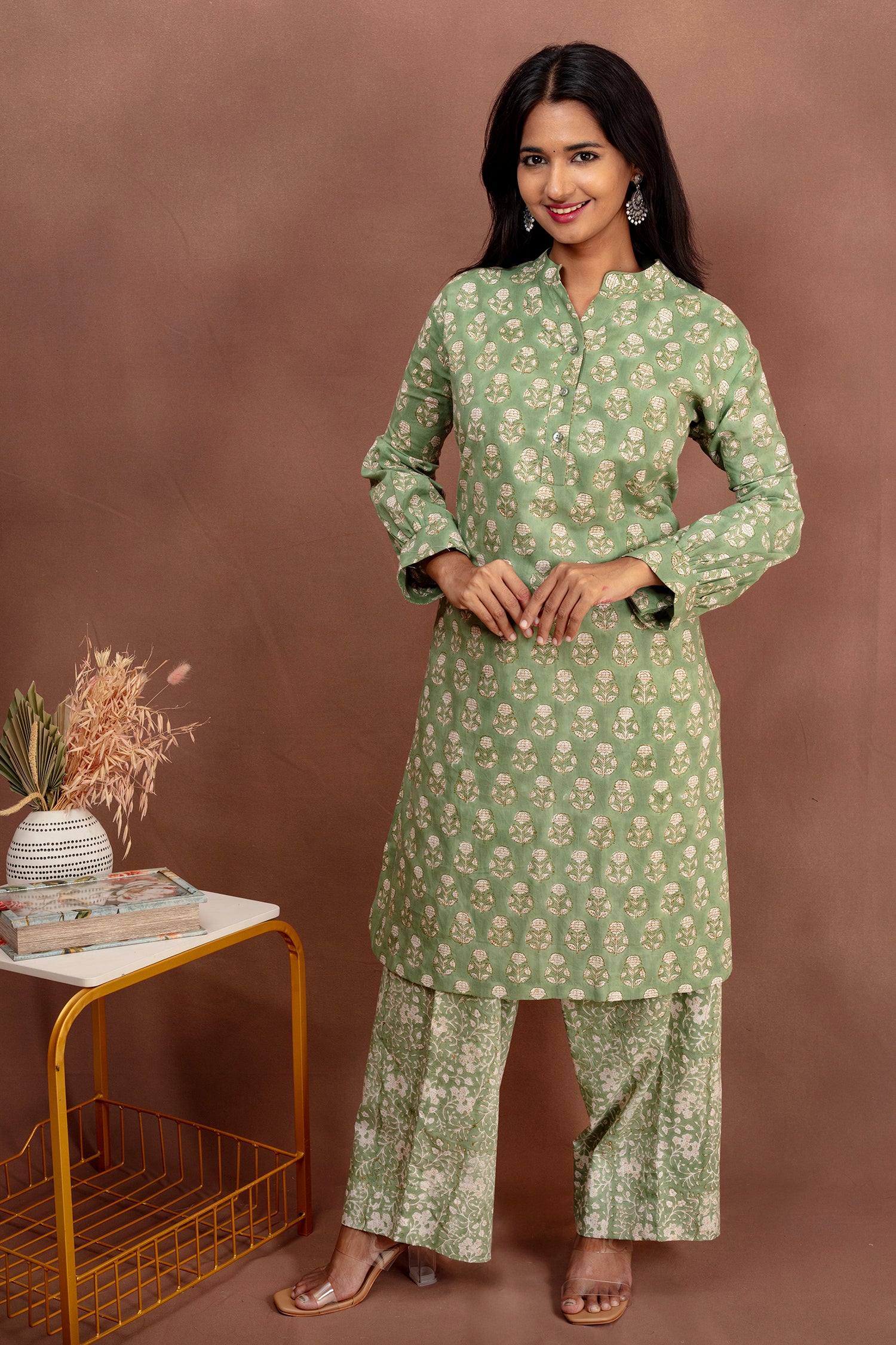 Light Green With Printed Cotton Kurta Set