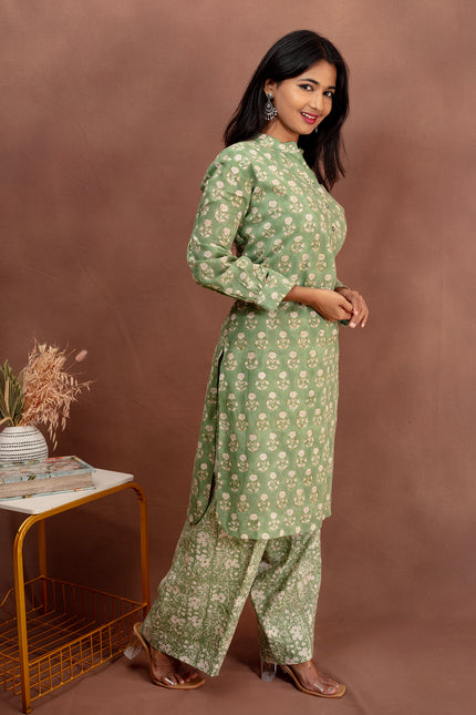 Light Green With Printed Cotton Kurta Set