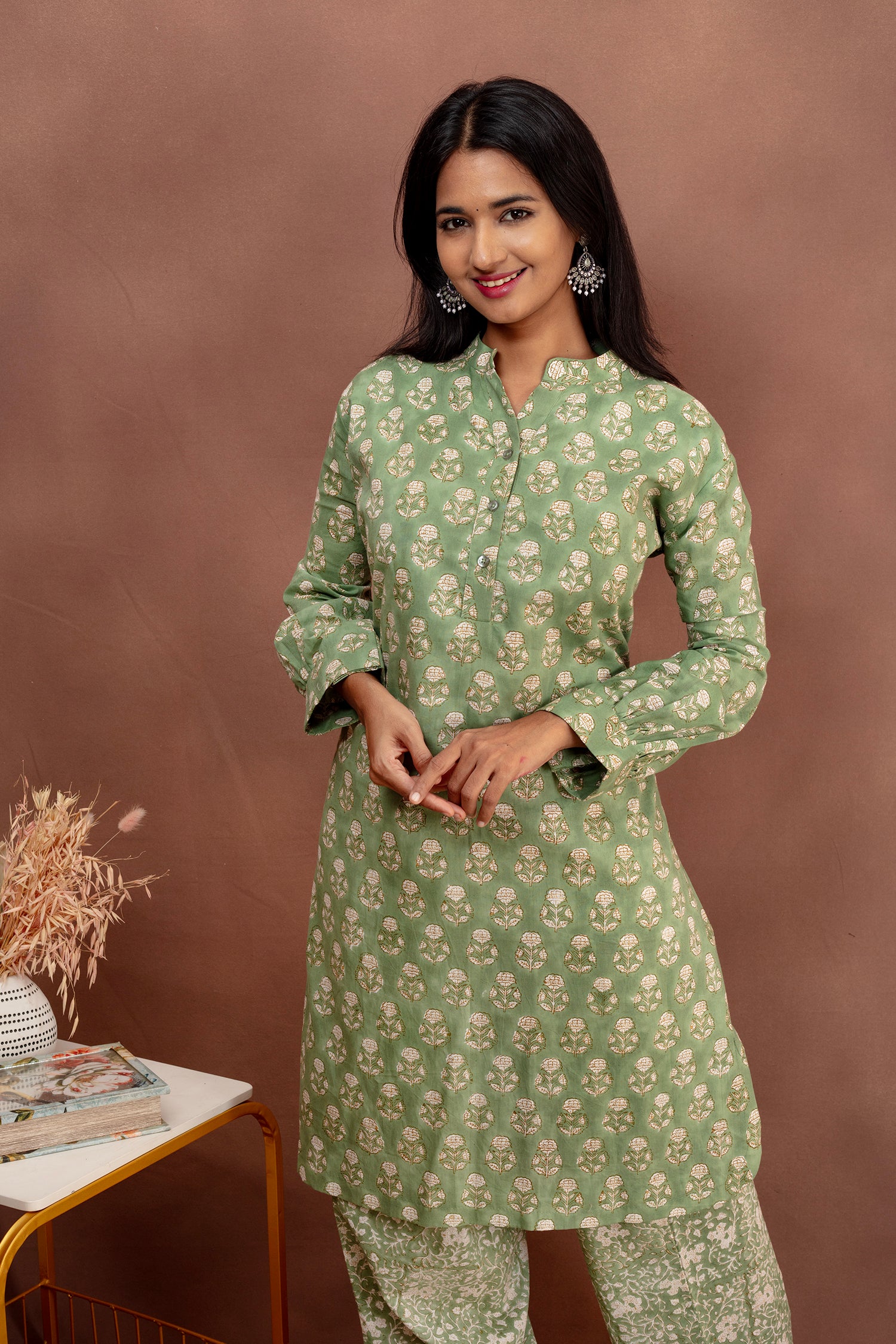 Light Green With Printed Cotton Kurta Set