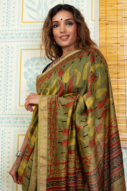 Traditional Olive Green & Maroon Maheshwari Silk Saree
