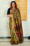 Traditional Olive Green & Maroon Maheshwari Silk Saree