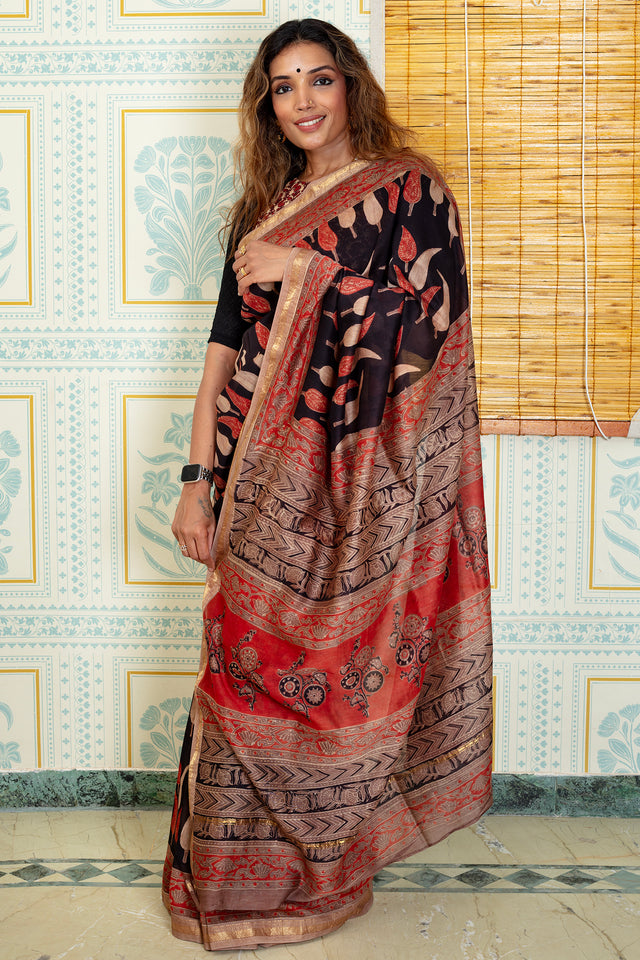Elegant Black & Rust Maheswari Silk Saree