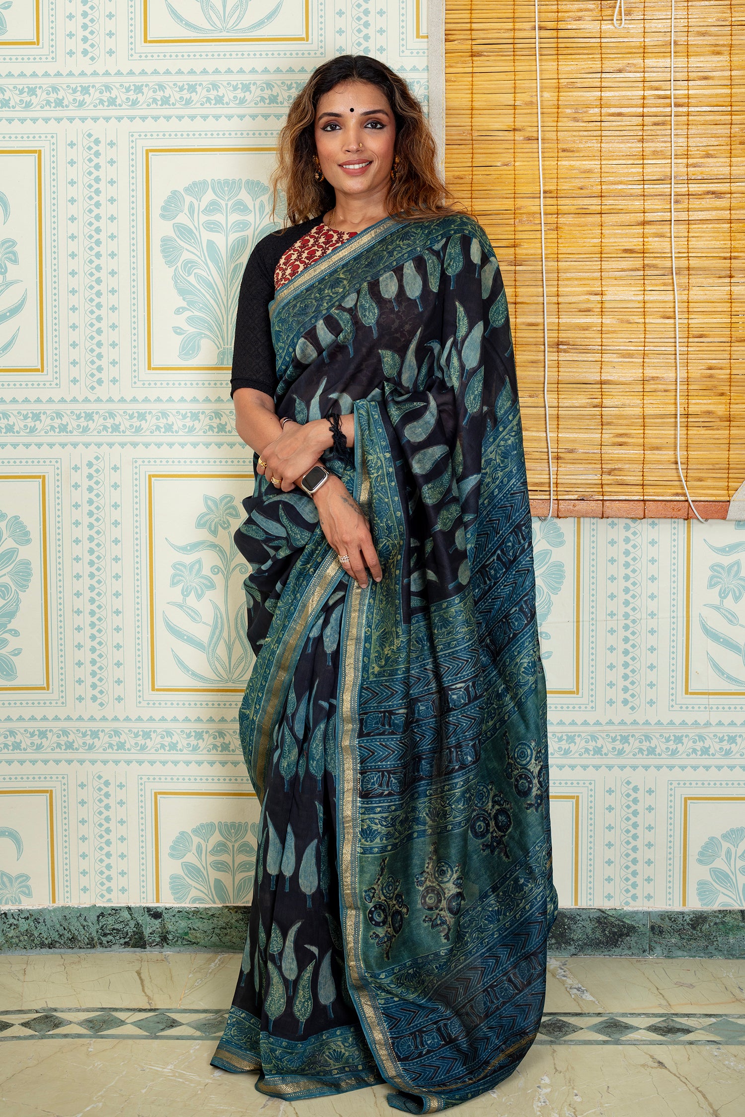 Elegant teal blue Maheswari silk saree
