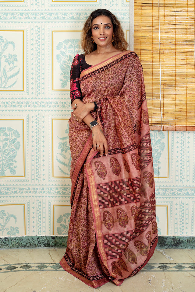 Elegant Rust Maheswari Silk Saree