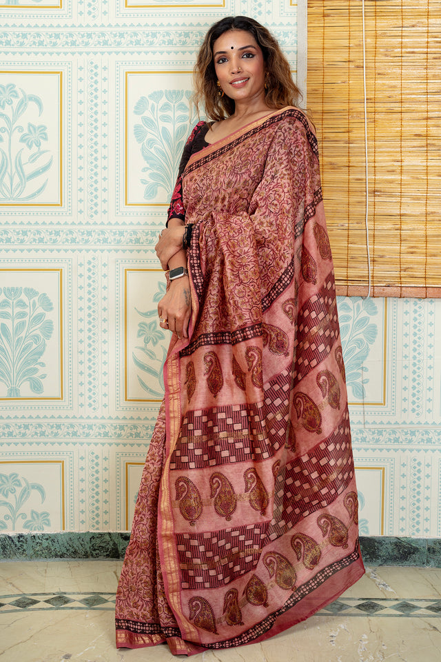 Elegant Rust Maheswari Silk Saree