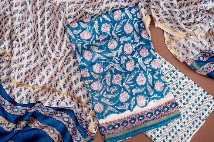 Elegant Chanderi Salwar Blue Suit – Top, Bottom & Dupatta