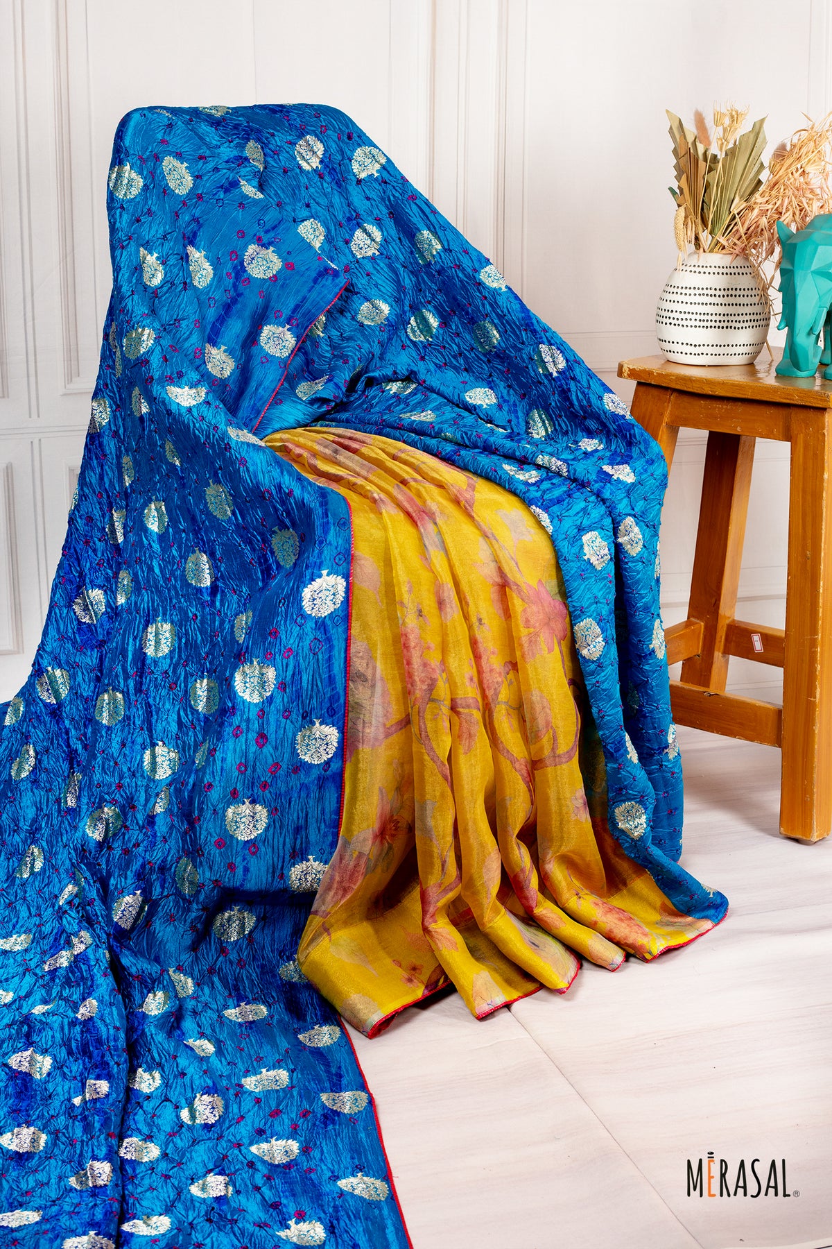 Customised Tissue Print and Tissue Bandhani Saree in Teal Blue and Marigold Yellow