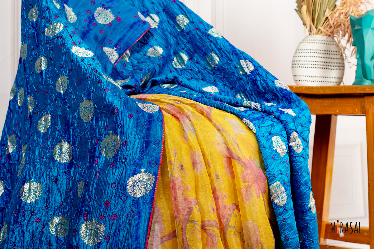 Customised Tissue Print and Tissue Bandhani Saree in Teal Blue and Marigold Yellow