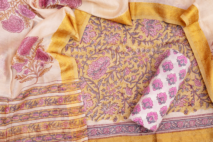 Elegant Chanderi Salwar Yellow Suit – Top, Bottom &Dupatta