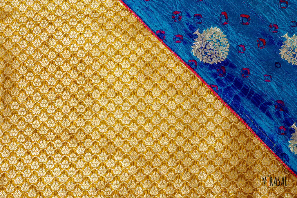 Customised Tissue Print and Tissue Bandhani Saree in Teal Blue and Marigold Yellow