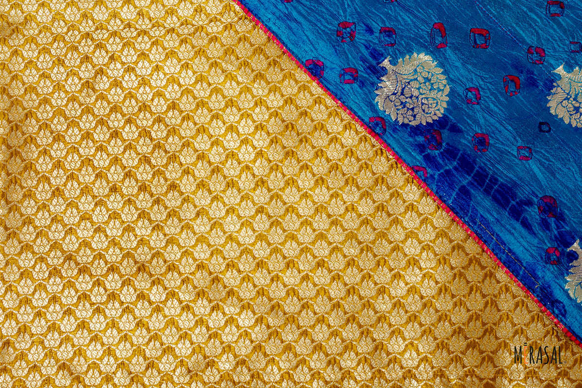 Customised Tissue Print and Tissue Bandhani Saree in Teal Blue and Marigold Yellow