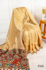 Handcrafted Cotton Saree with Kalamkari Inspired Pallu in Mustard Ochre