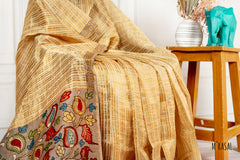 Handcrafted Cotton Saree with Kalamkari Inspired Pallu in Mustard Ochre