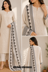 Ivory Minimalist: Cream Unstitched Suit Set with Monochrome Geometric Dupatta