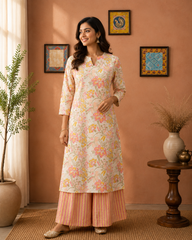 Ivory Floral Printed Cotton Kurta & Striped Palazzo Set
