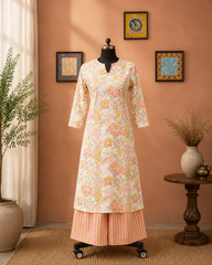 Ivory Floral Printed Cotton Kurta & Striped Palazzo Set