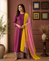 Wine Purple Cotton Kurta Set with Floral Palazzo & Contrast Dupatta