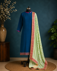 Royal Navy Blue Cotton Kurta Set with Floral Printed Dupatta