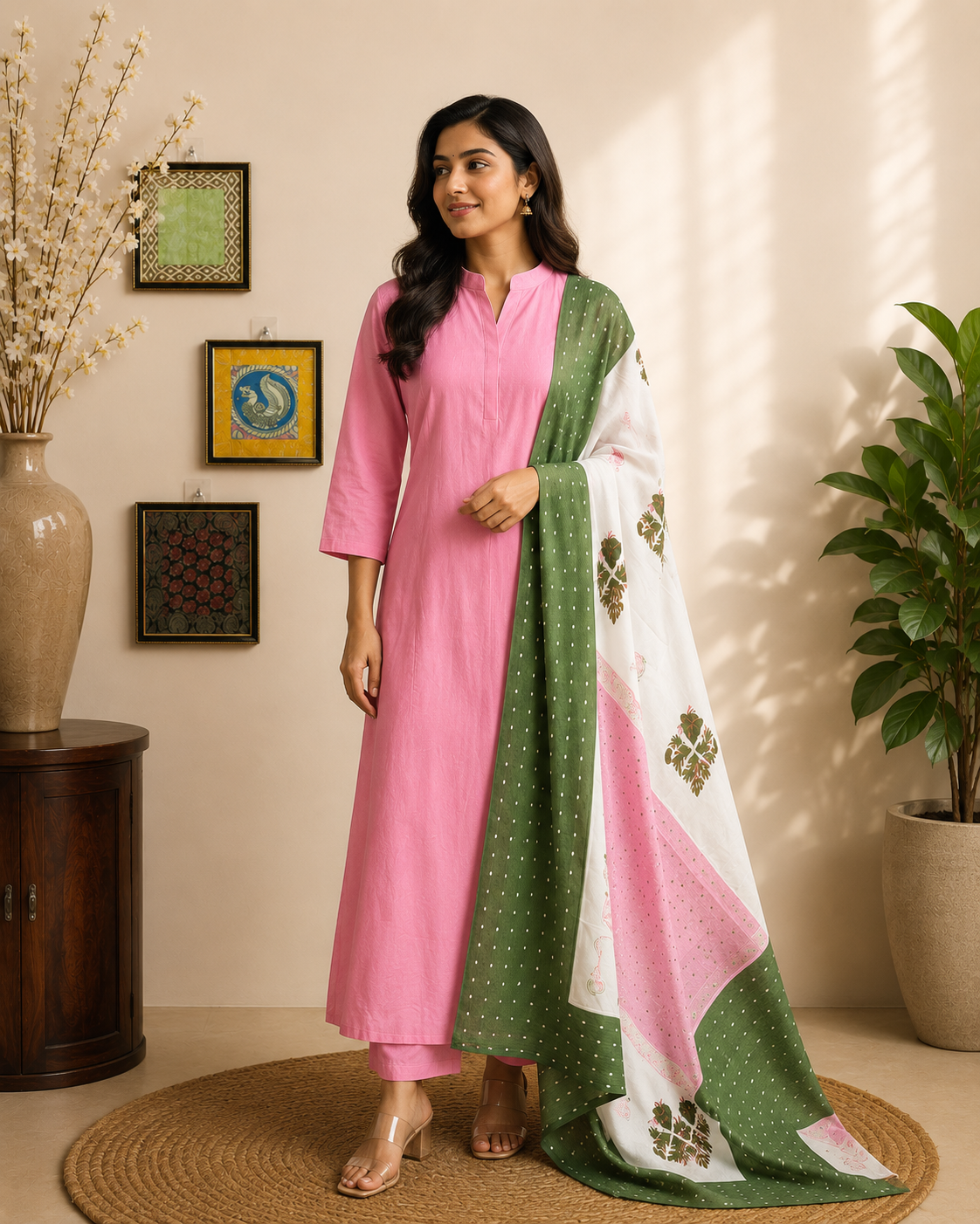 Blush Pink Cotton Kurta Set with Printed Dupatta