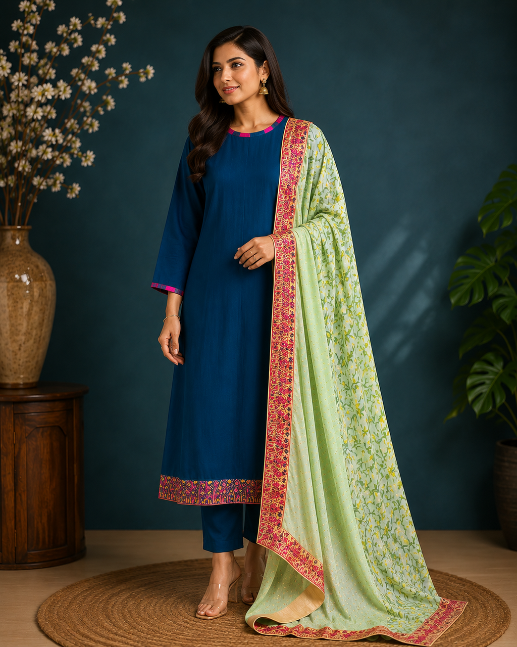 Royal Navy Blue Cotton Kurta Set with Floral Printed Dupatta