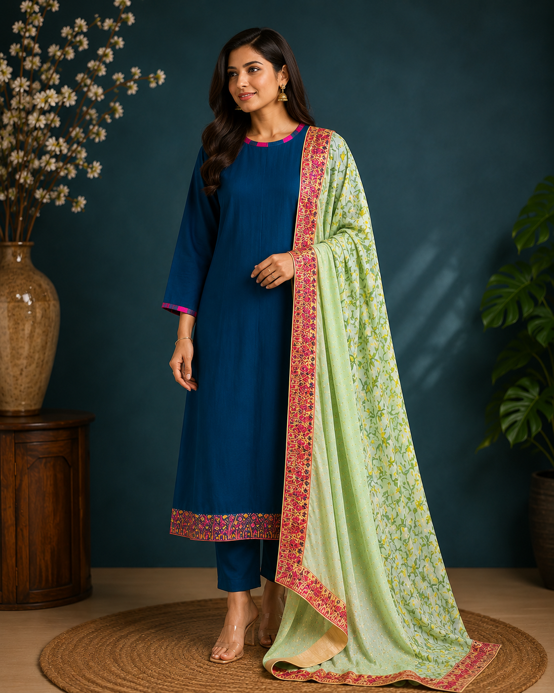 Royal Navy Blue Cotton Kurta Set with Floral Printed Dupatta