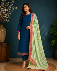 Royal Navy Blue Cotton Kurta Set with Floral Printed Dupatta