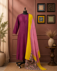 Wine Purple Cotton Kurta Set with Floral Palazzo & Contrast Dupatta