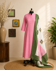 Blush Pink Cotton Kurta Set with Printed Dupatta