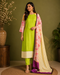 Lime Green Cotton Kurta Set with Floral Printed Dupatta