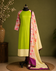 Lime Green Cotton Kurta Set with Floral Printed Dupatta