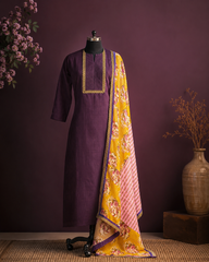 Royal Plum Cotton Kurta Set with Floral Printed Dupatta