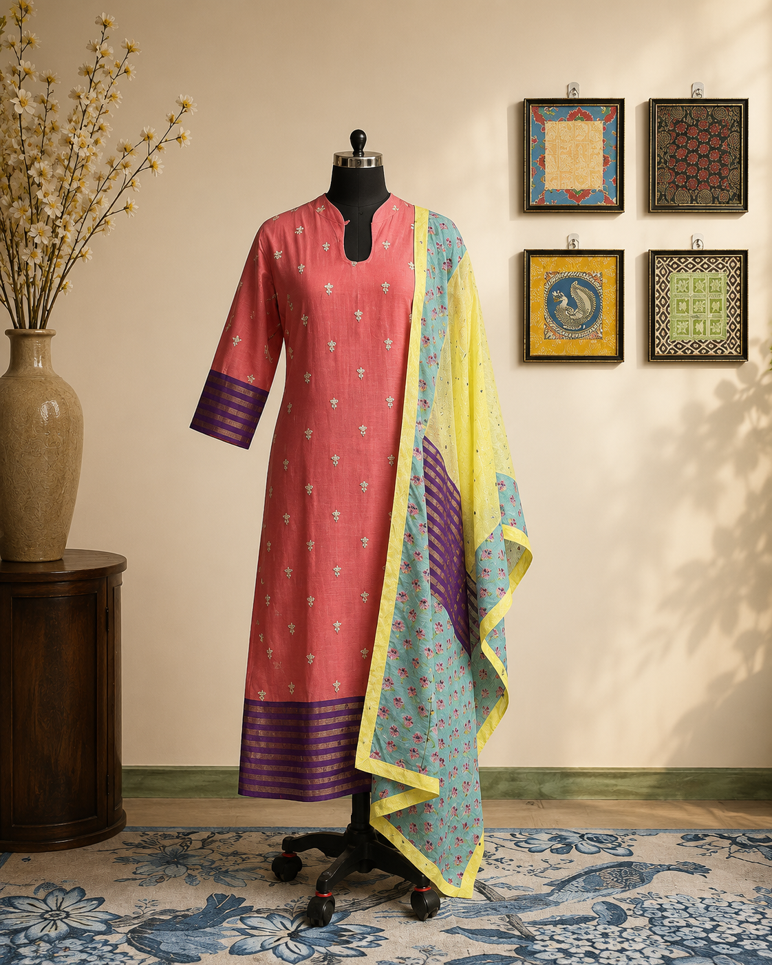 Coral Pink Cotton Kurta Set with Floral Printed Dupatta