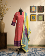 Coral Pink Cotton Kurta Set with Floral Printed Dupatta