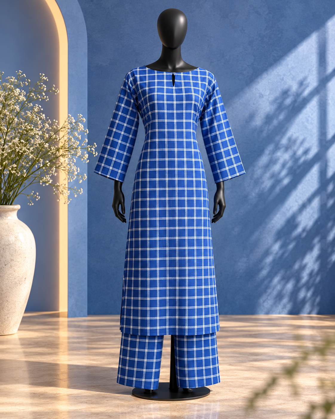 Blue Checkered Straight Kurta Set with Matching Palazzo