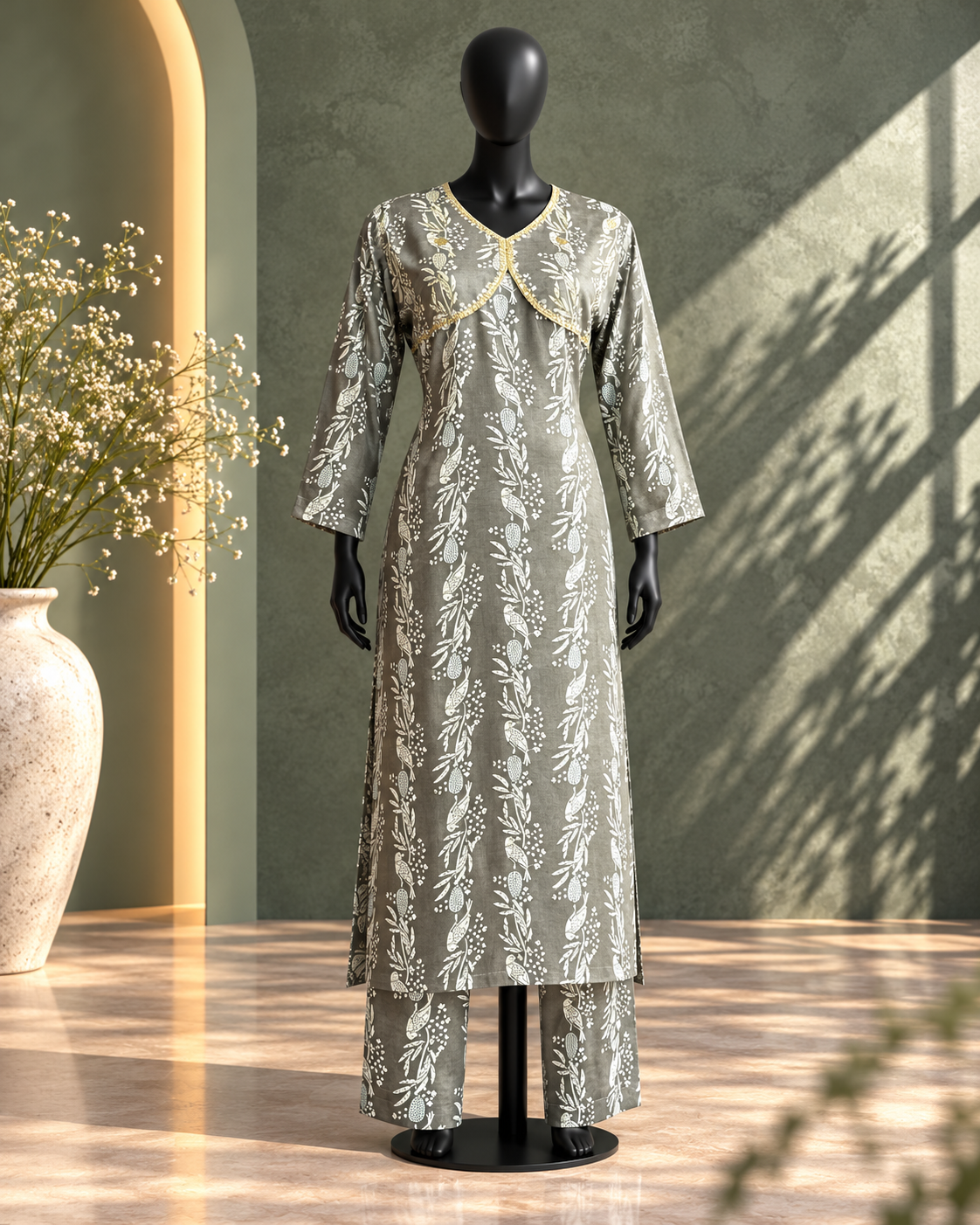 Olive Grey Botanical Print Kurta Set with Palazzo