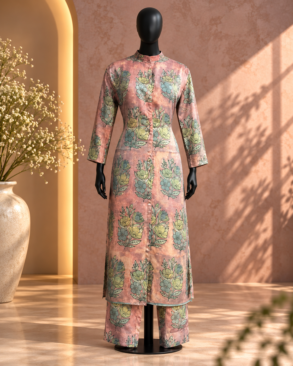 Mauve Floral Printed Straight Kurta Set with Palazzo
