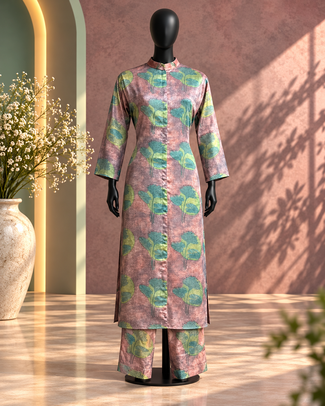 Mauve Lotus Leaf Printed Kurta Set with Palazzo