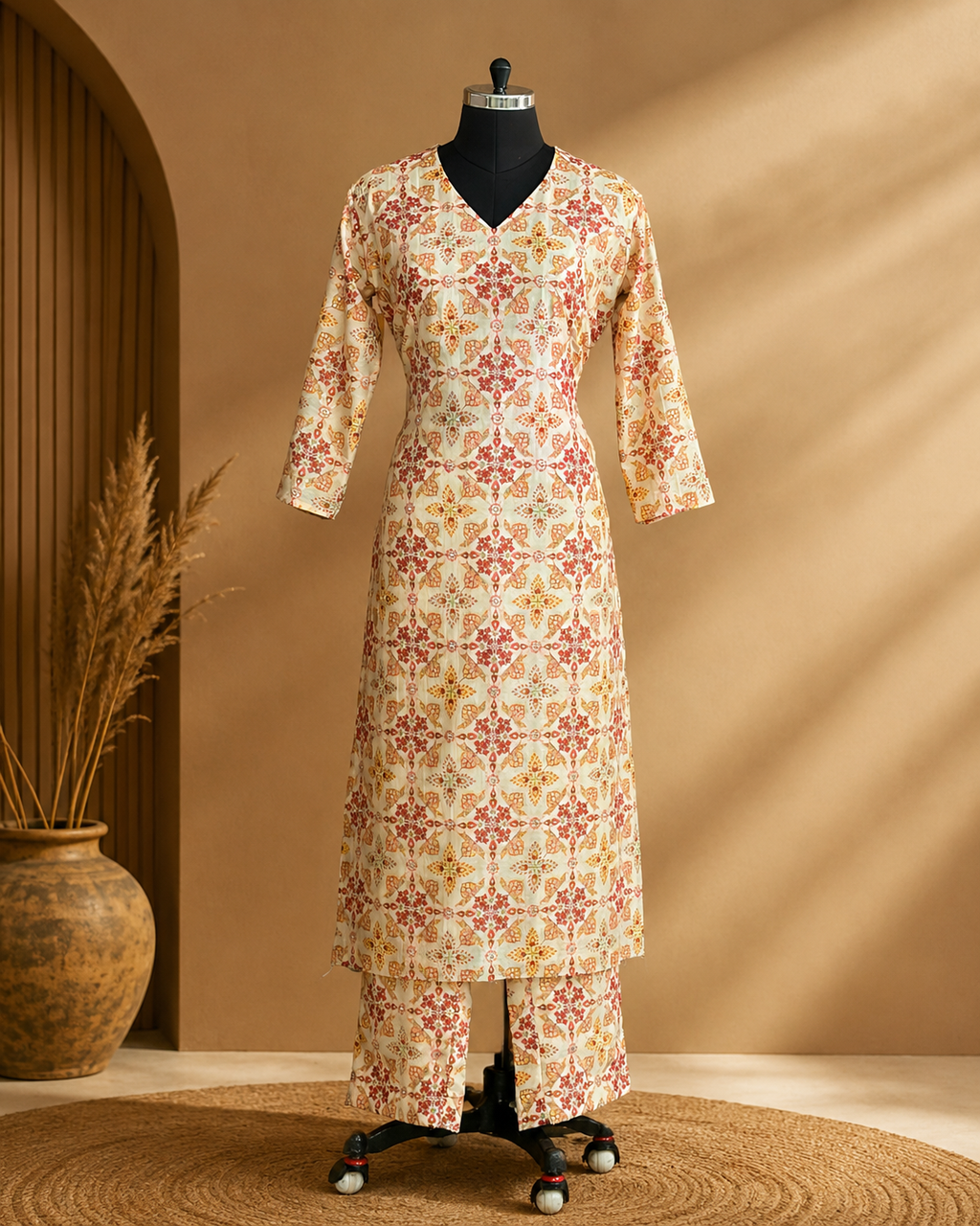 Cream Floral Printed Kurta Set with Matching Palazzo