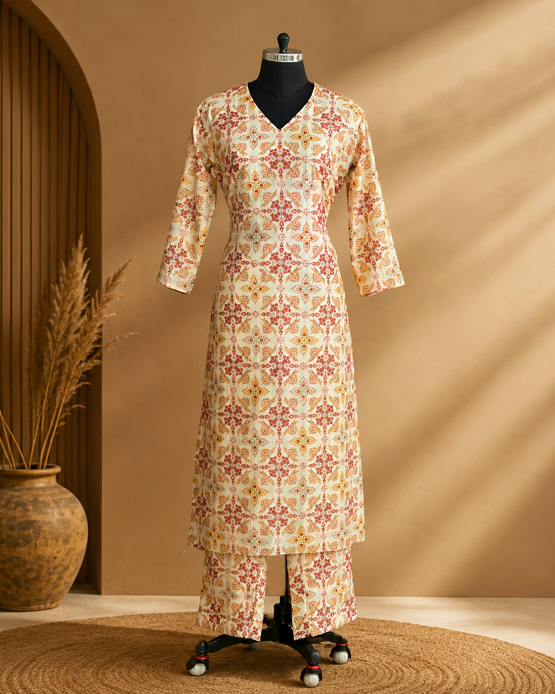 Cream Floral Printed Kurta Set with Matching Palazzo