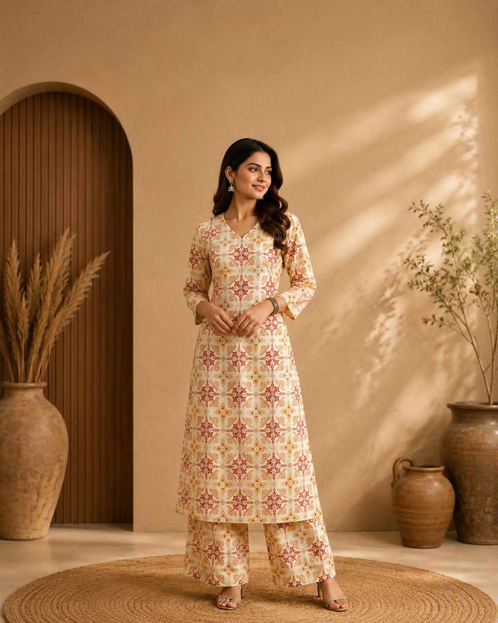 Cream Floral Printed Kurta Set with Matching Palazzo