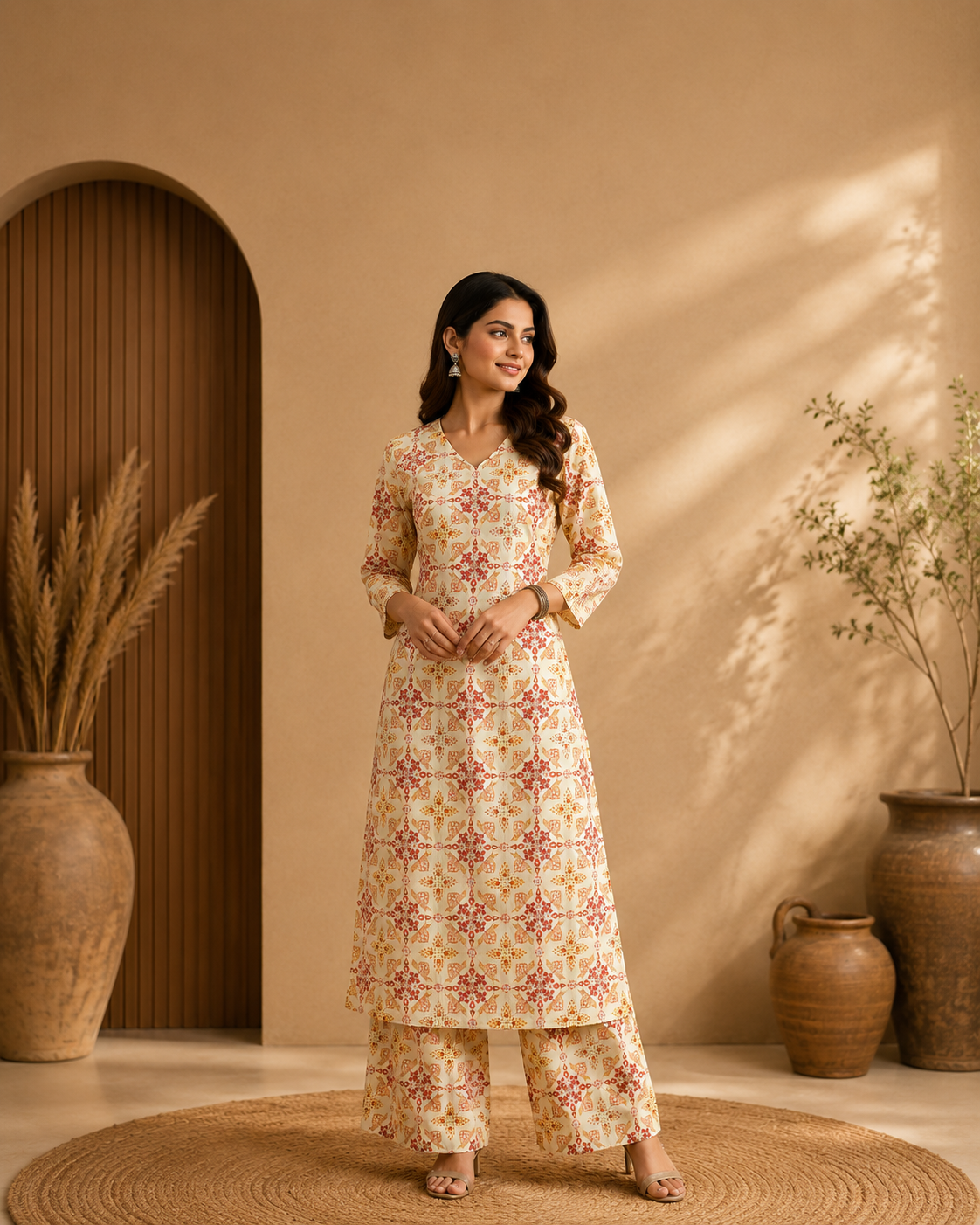 Cream Floral Printed Kurta Set with Matching Palazzo