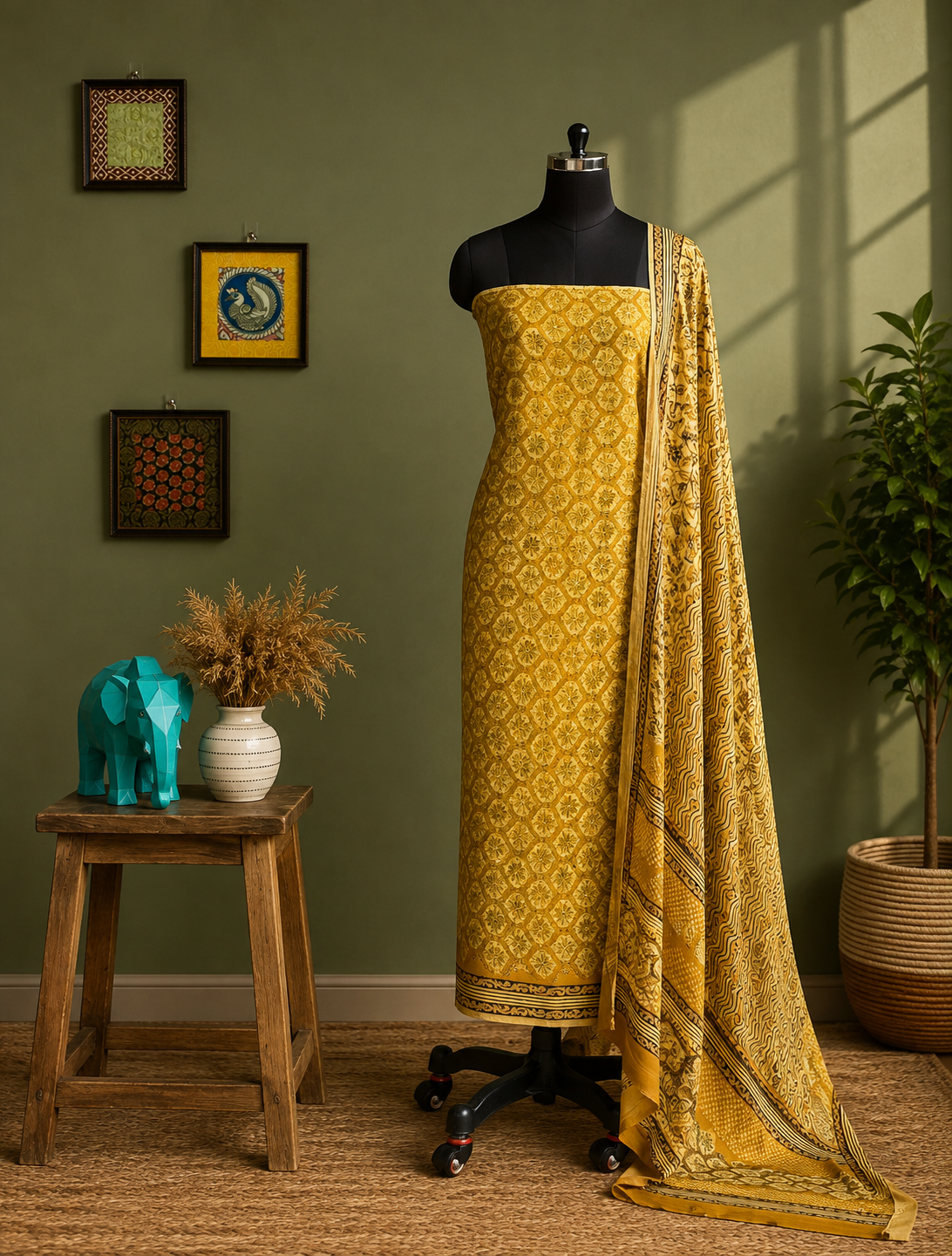 Golden Harvest Mustard Ethnic Print Salwar Material with Matching Dupatta