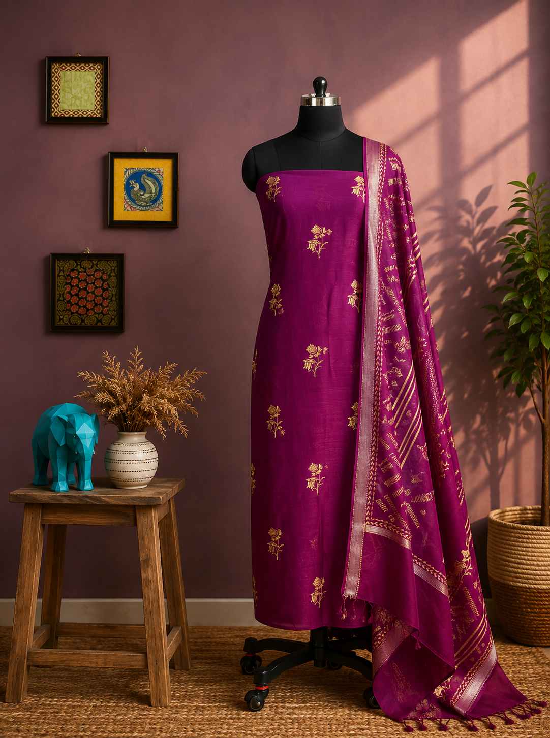 Royal Magenta Gold Floral Salwar Material with Ethnic Printed Dupatta