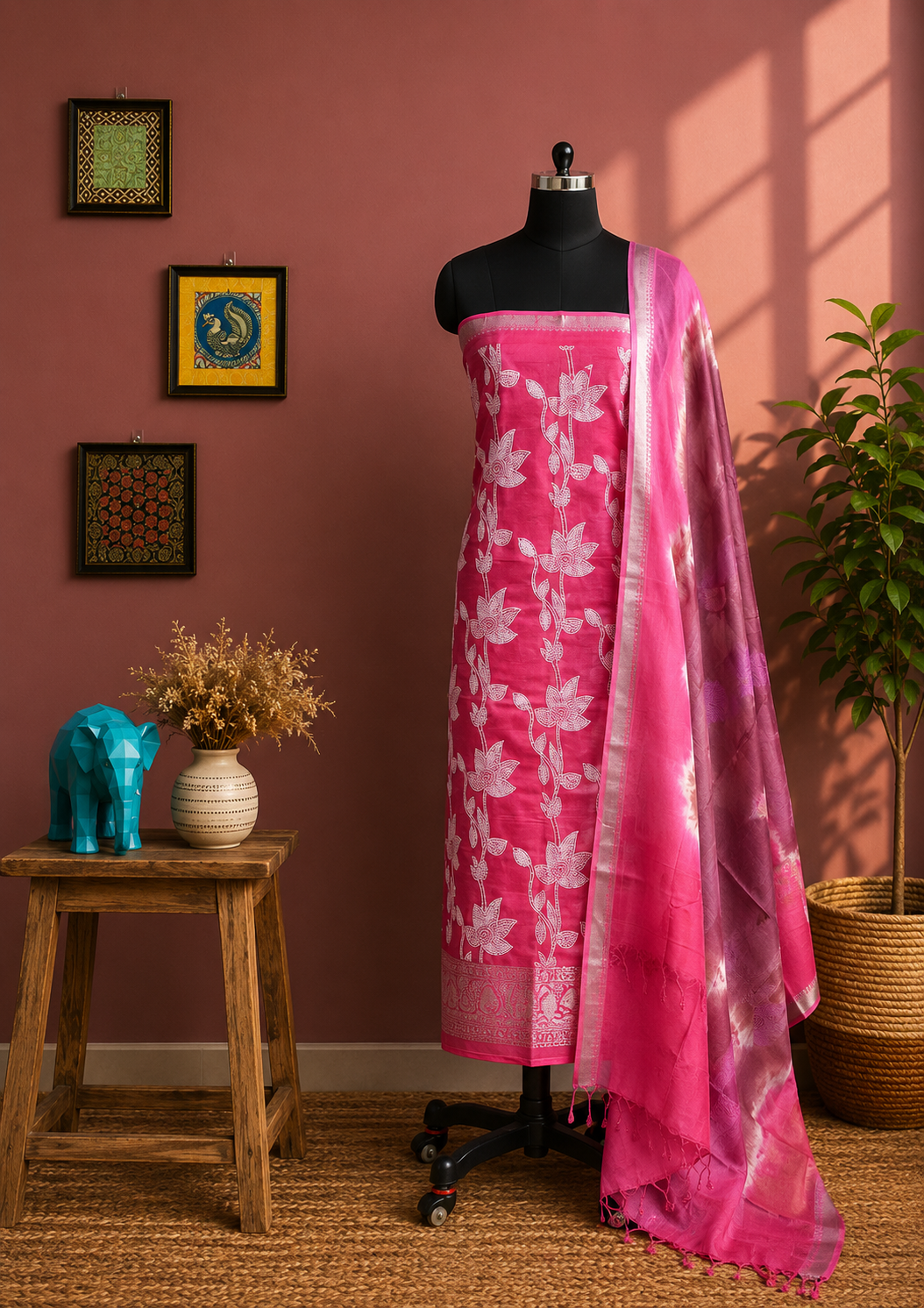 Rani Rose Pink Lotus Salwar Material with Shibori Dupatta