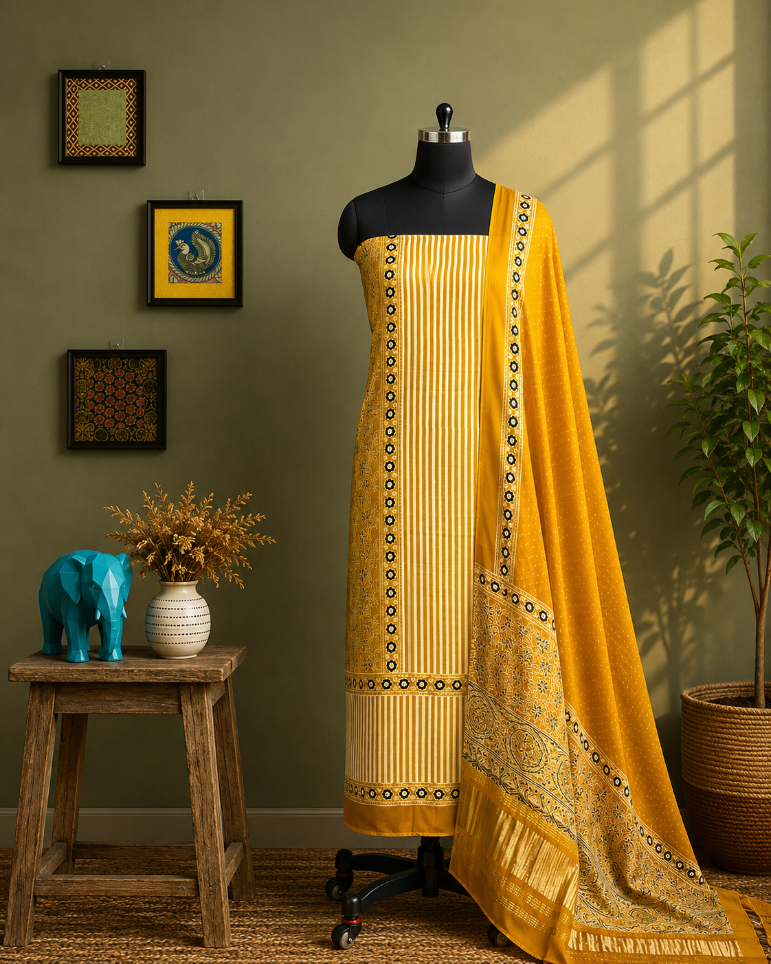 Golden Mustard Striped Salwar Material with Ornate Printed Dupatta