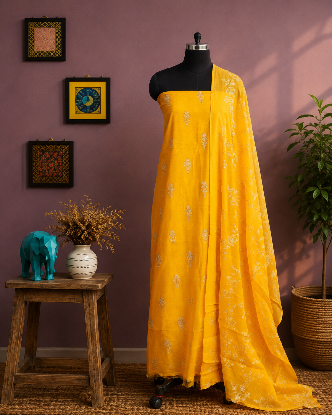 Sunlit Marigold Yellow Floral Salwar Material with Printed Dupatta