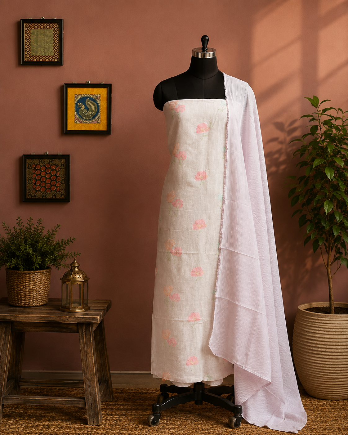 Blush Petal Ivory Floral Salwar Material