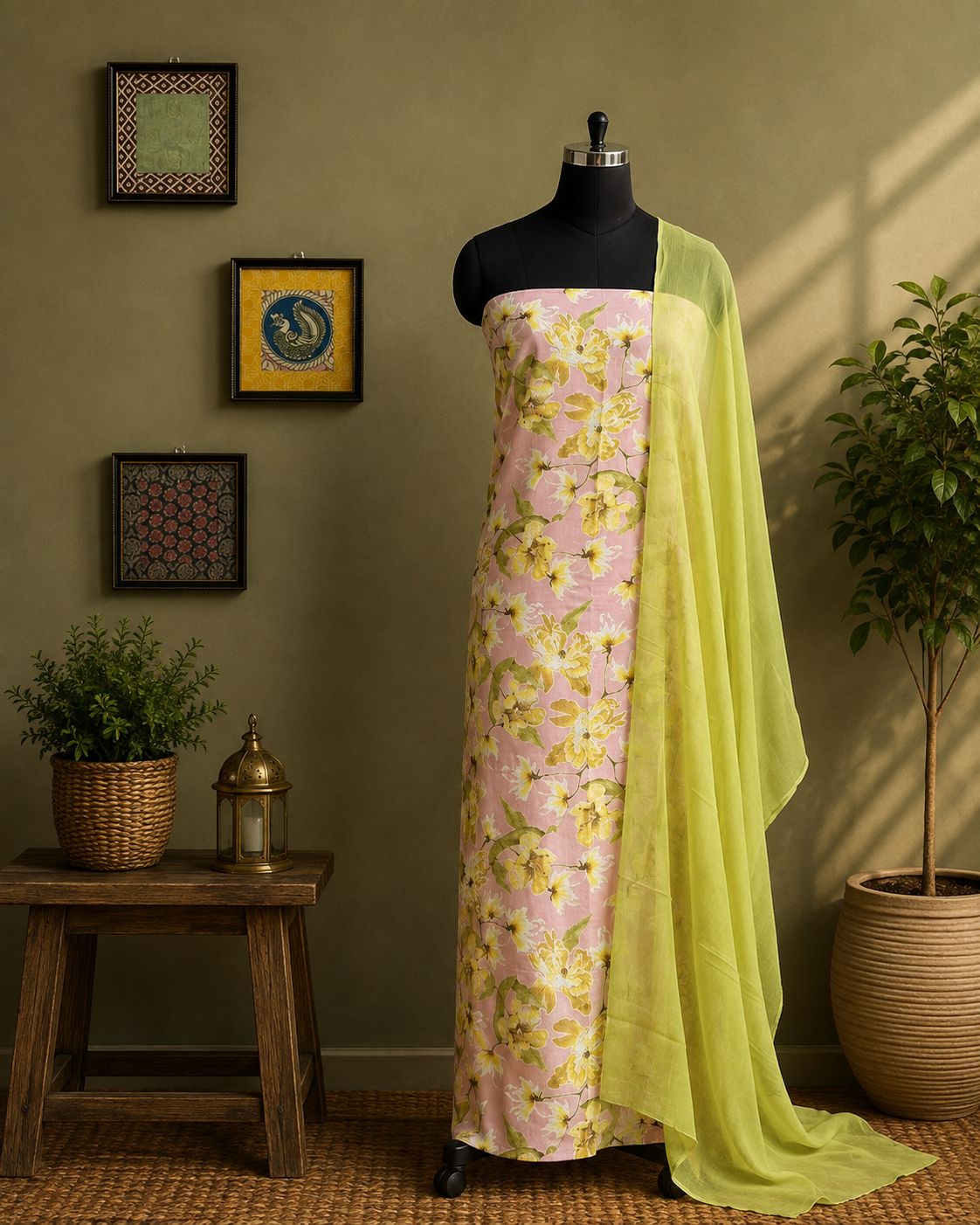 Spring Blossom Pink & Lime Floral Salwar Material